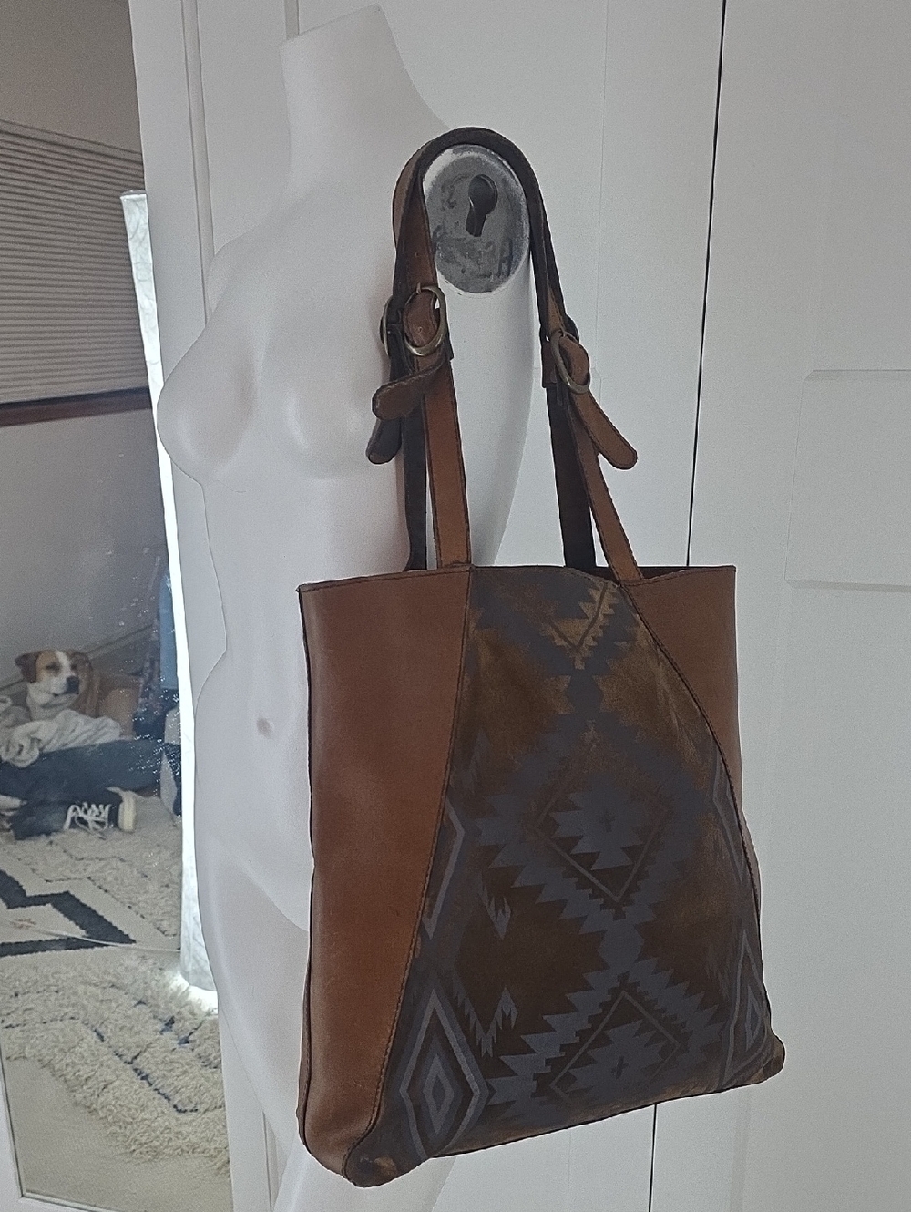 Genuine Leather Tote Bag with Aztec Pattern